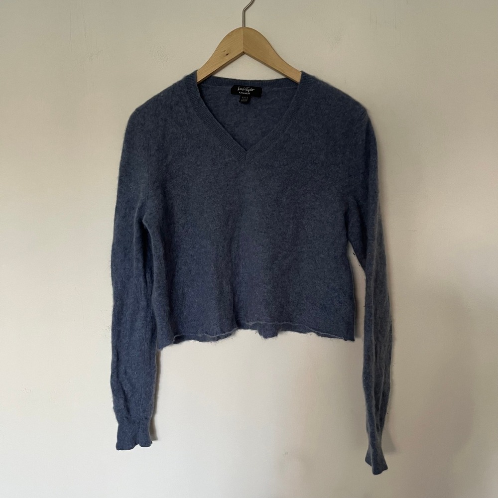 Lord & Taylor Blue 100% Cashmere V-Neck Cropped Sweater Womens Large